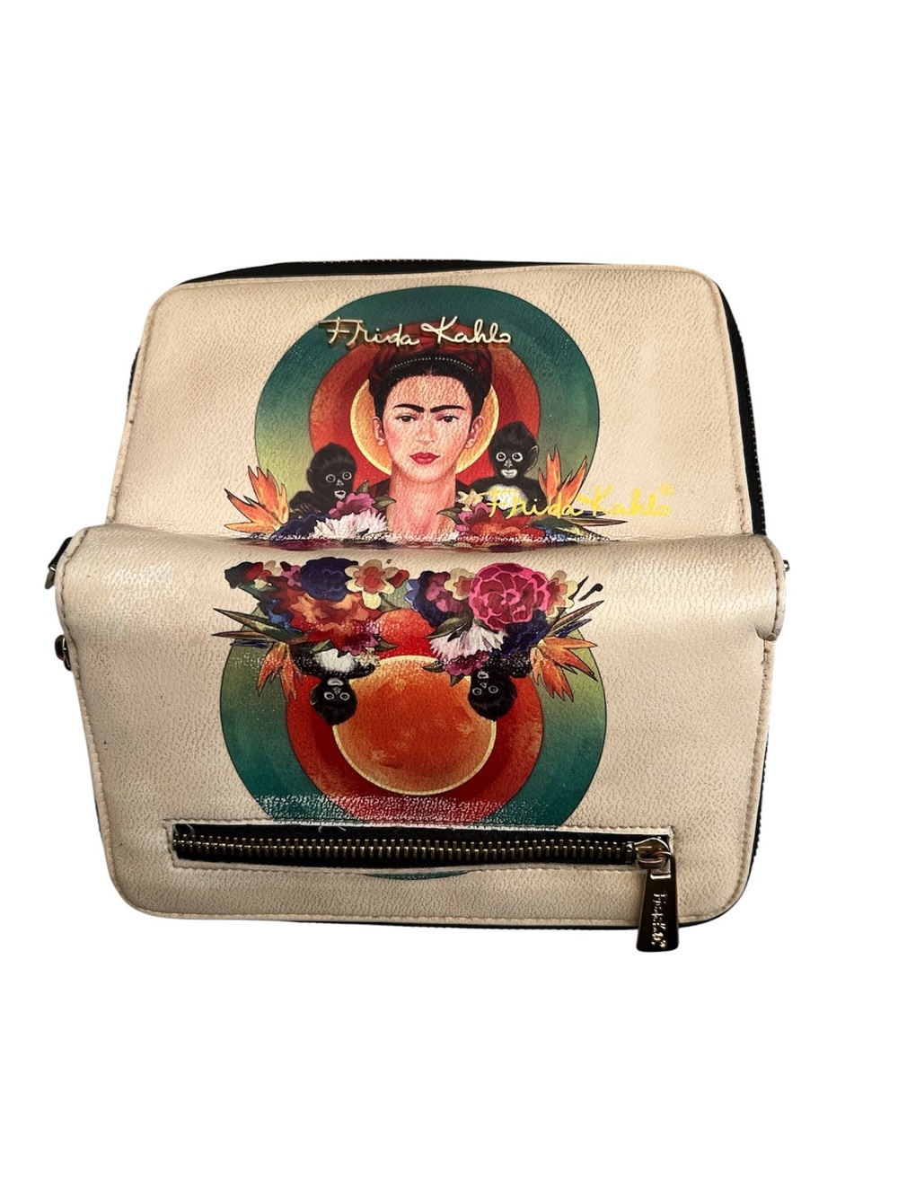 Frida Kahlo Cream wristlet with Colorful Artwork